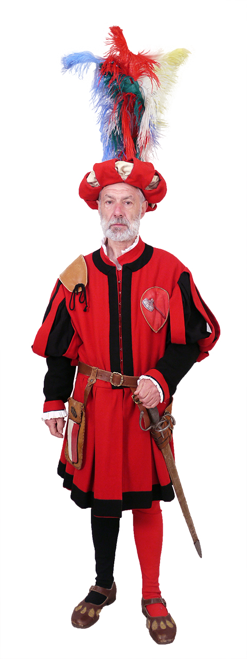 Bandieraio dell'Arte dei Maestri di Pietra e Legname (Costume maschile del Corteo Storico della Repubblica Fiorentina/ Bandieraio dell'Arte dei Maestri di Pietra e Legname, Costume confezionato per fini di rievocazione storica, ABBIGLIAMENTO E ORNAMENTI DEL CORPO/ VESTIMENTI) - manifattura toscana