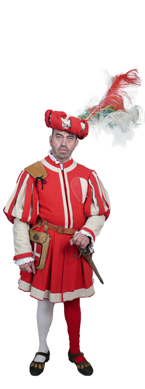 Bandieraio dell'Arte dei Linaioli (Costume maschile del Corteo Storico della Repubblica Fiorentina/ Bandieraio dell'Arte dei Linaioli, Costume confezionato per fini di rievocazione storica, ABBIGLIAMENTO E ORNAMENTI DEL CORPO/ VESTIMENTI) - manifattura toscana
