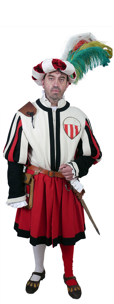 Bandieraio dell'Arte dei Correggiai (Costume maschile del Corteo Storico della Repubblica Fiorentina/ Bandieraio dell'Arte dei Correggiai, Costume confezionato per fini di rievocazione storica, ABBIGLIAMENTO E ORNAMENTI DEL CORPO/ VESTIMENTI) di Sartoria Parigi (laboratorio)