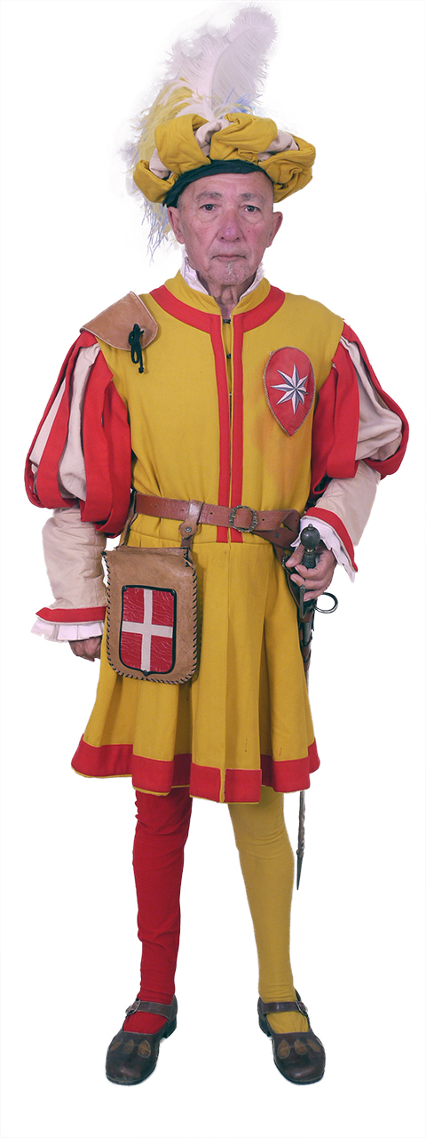 Bandieraio dell'Arte dei Fornai (Costume maschile del Corteo Storico della Repubblica Fiorentina/ Bandieraio dell'Arte dei Fornai, Costume confezionato per fini di rievocazione storica, ABBIGLIAMENTO E ORNAMENTI DEL CORPO/ VESTIMENTI) di Sartoria Antonietta (laboratorio)