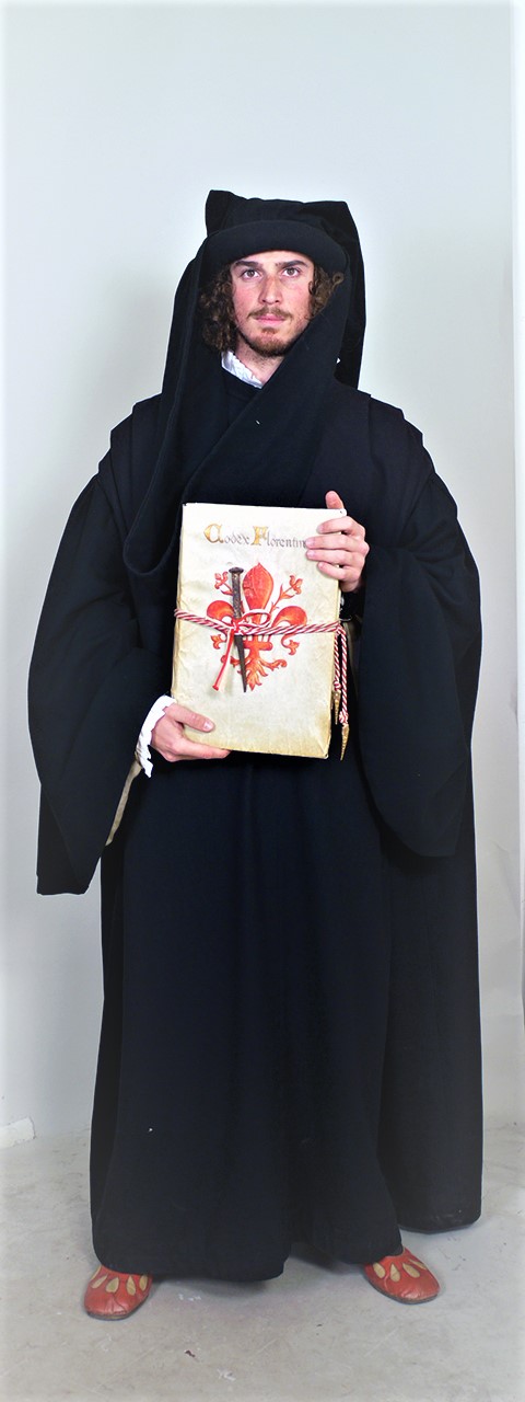 Giudice del Tribunale di Mercatanzia (Costume maschile del Corteo Storico della Repubblica Fiorentina del Calcio Storico/Giudice del Tribunale di Mercatanzia, Costume confezionato per fini di rievocazione storica, ABBIGLIAMENTO E ORNAMENTI DEL CORPO/ VESTIMENTI) - manifattura toscana