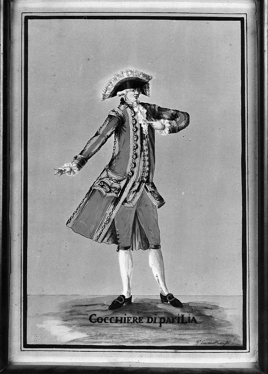 cocchiere di pariglia, personaggio in livrea (disegno) di Minghi Giovan Battista (fine sec. XVIII)