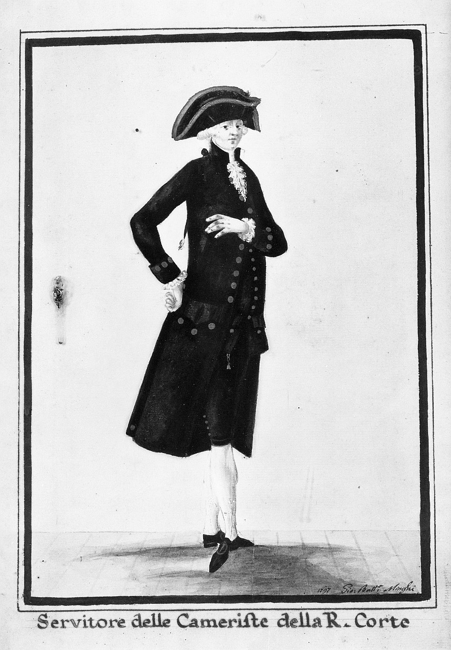 servitore delle Cameriste, personaggio in livrea (disegno) di Minghi Giovan Battista (fine sec. XVIII)