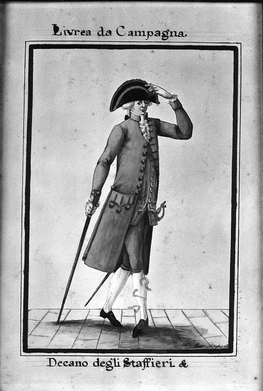 decano degli staffieri, personaggio in livrea (disegno) di Minghi Giovan Battista (fine sec. XVIII)