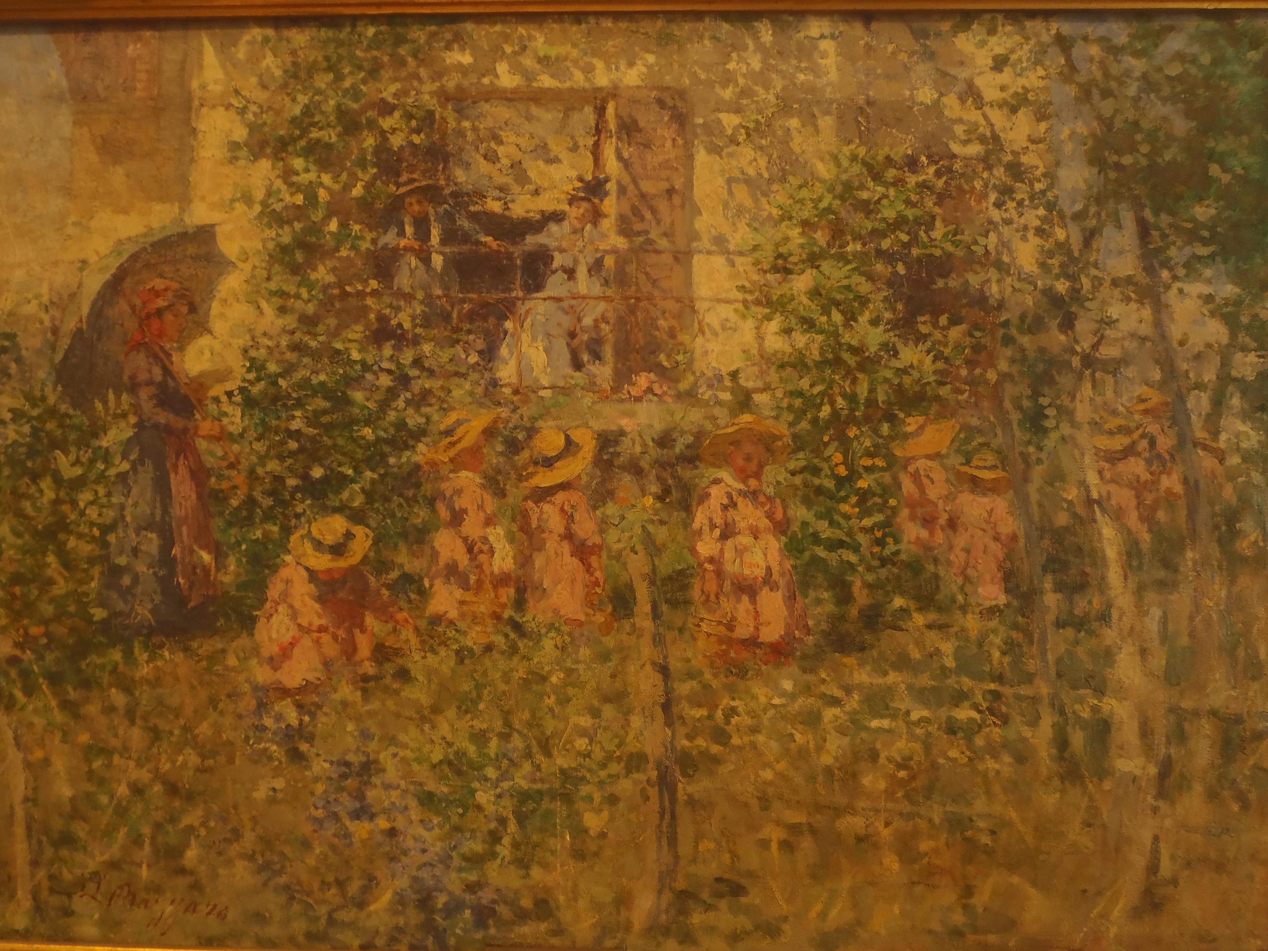 Un giardino, Nel giardino, Tre donne e nove bambine si trovano in un giardino (dipinto, opera isolata) di Bazzaro Leonardo - ambito lombardo (inizio XX)