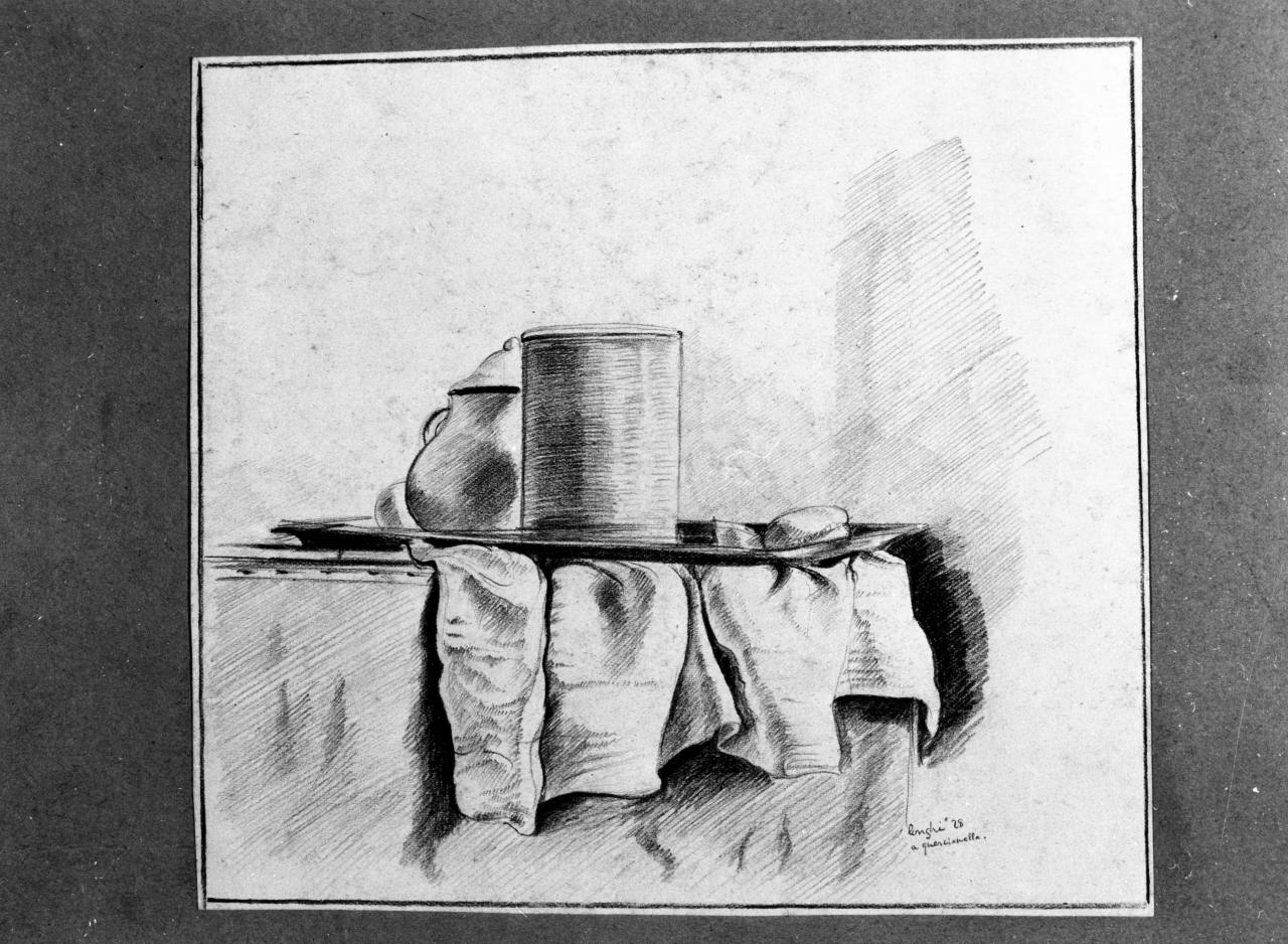 natura morta con vassoio, barattolo e zuccheriera (disegno) di Longhi Roberto (sec. XX)