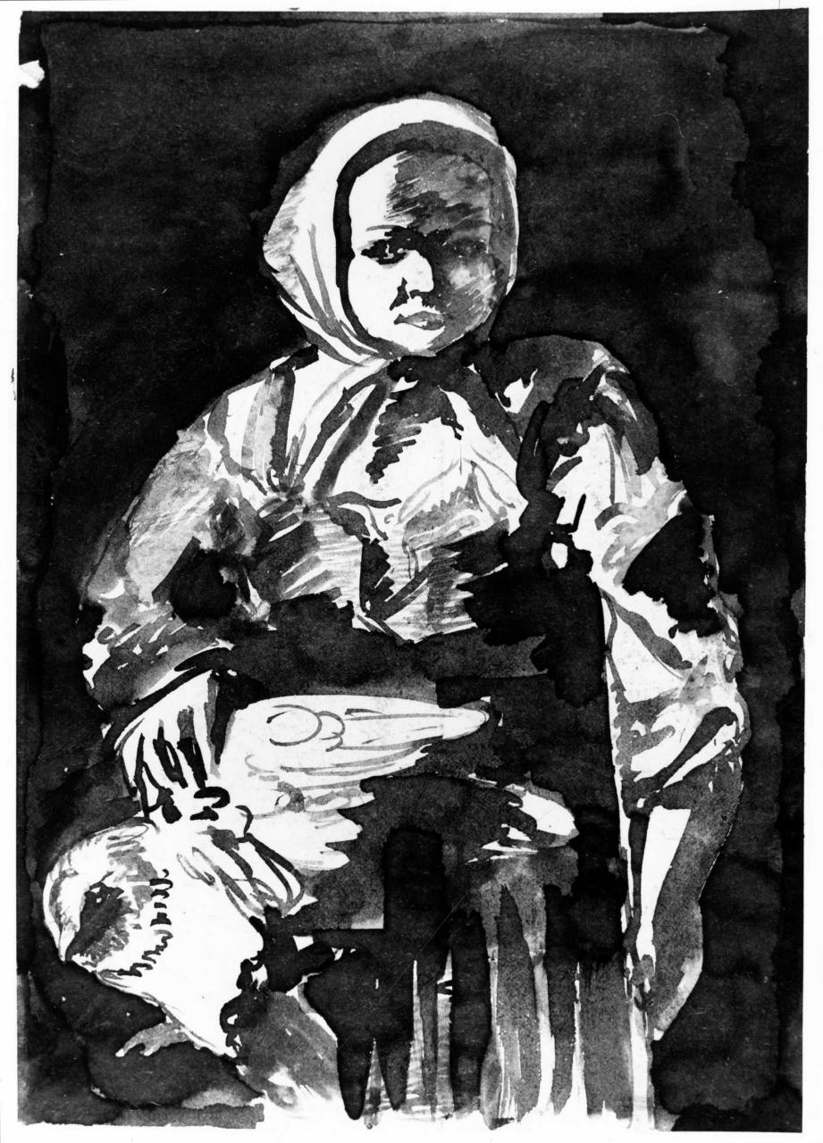 contadina con gallina (disegno) di Longhi Roberto (sec. XX)