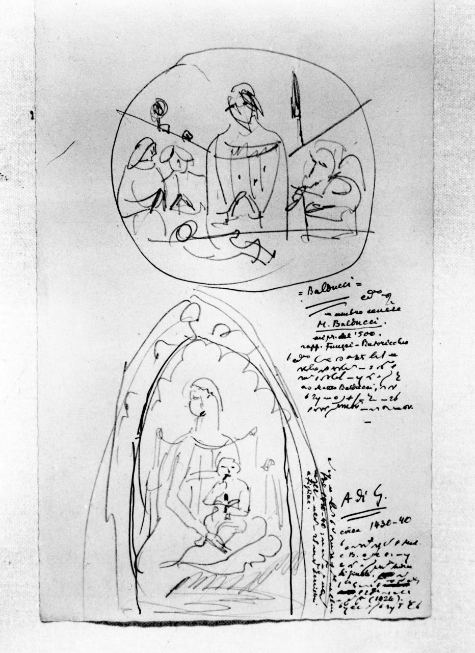 Madonna con Bambino in trono (disegno) di Longhi Roberto (sec. XX)