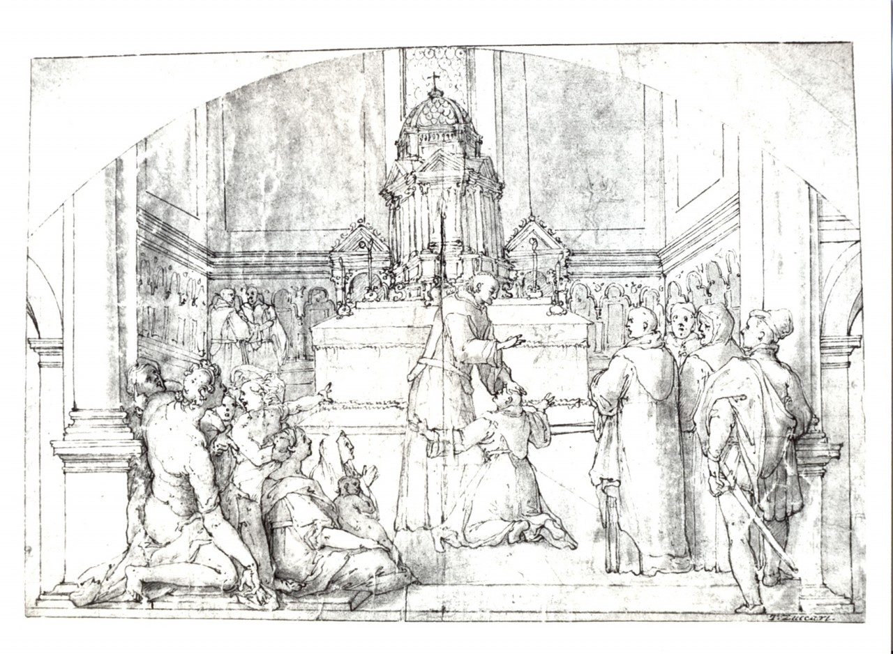 frati e gentiluomini in abiti cinquecenteschi assistono a una cerimonia entro una chiesa (disegno) di Zuccari Federico (attribuito) (seconda metà sec. XVI)
