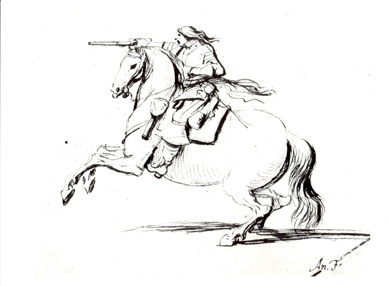 soldato con un fucile su un cavallo che si impenna (disegno) di Falcone Aniello (prima metà sec. XVII)