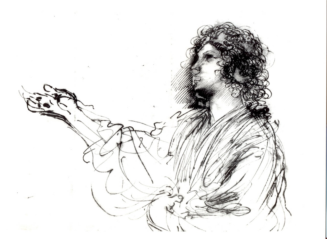 figura femminile a mezzo busto con un braccio levato (disegno) di Barbieri Giovanni Francesco detto Guercino (prima metà sec. XVII)