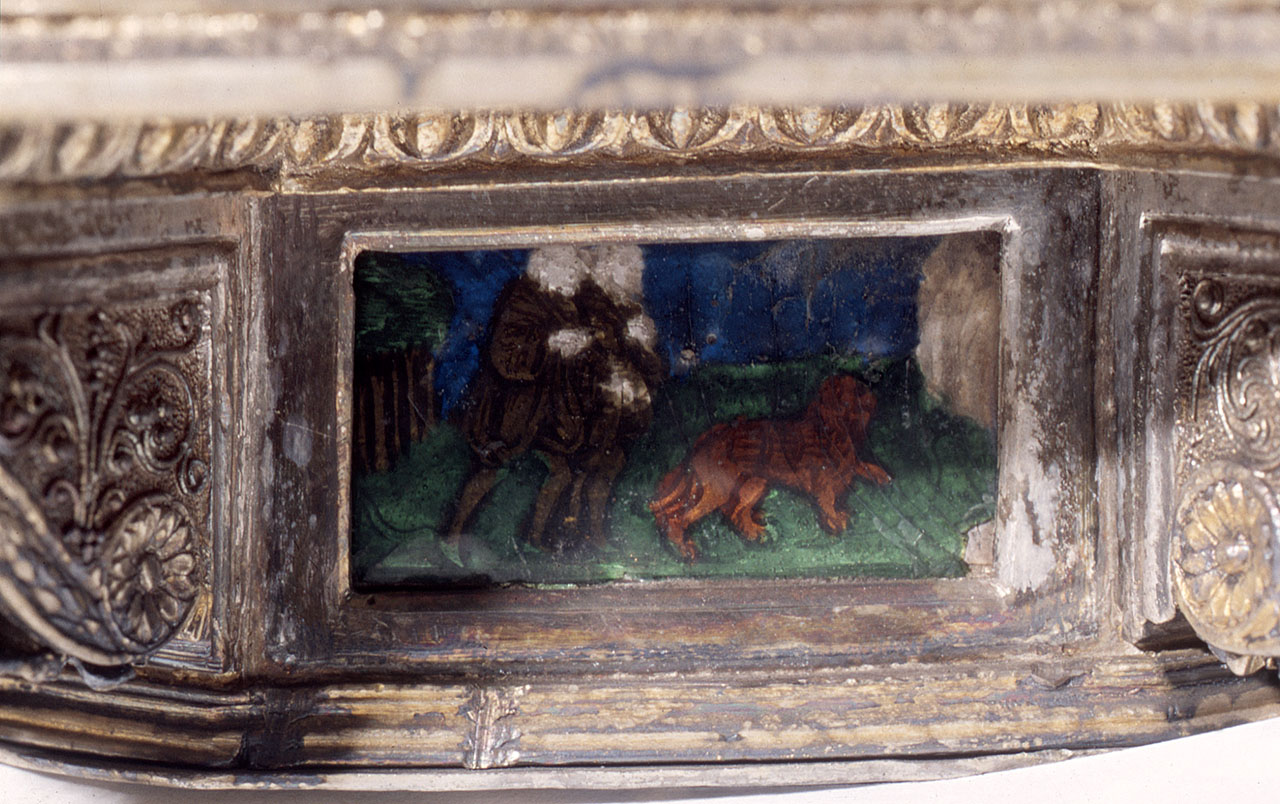 monaci del convento di San Girolamo accompagnano il leone a fare i sevizi dell'asino rapito (placchetta) di Antonio di Salvi (sec. XV)