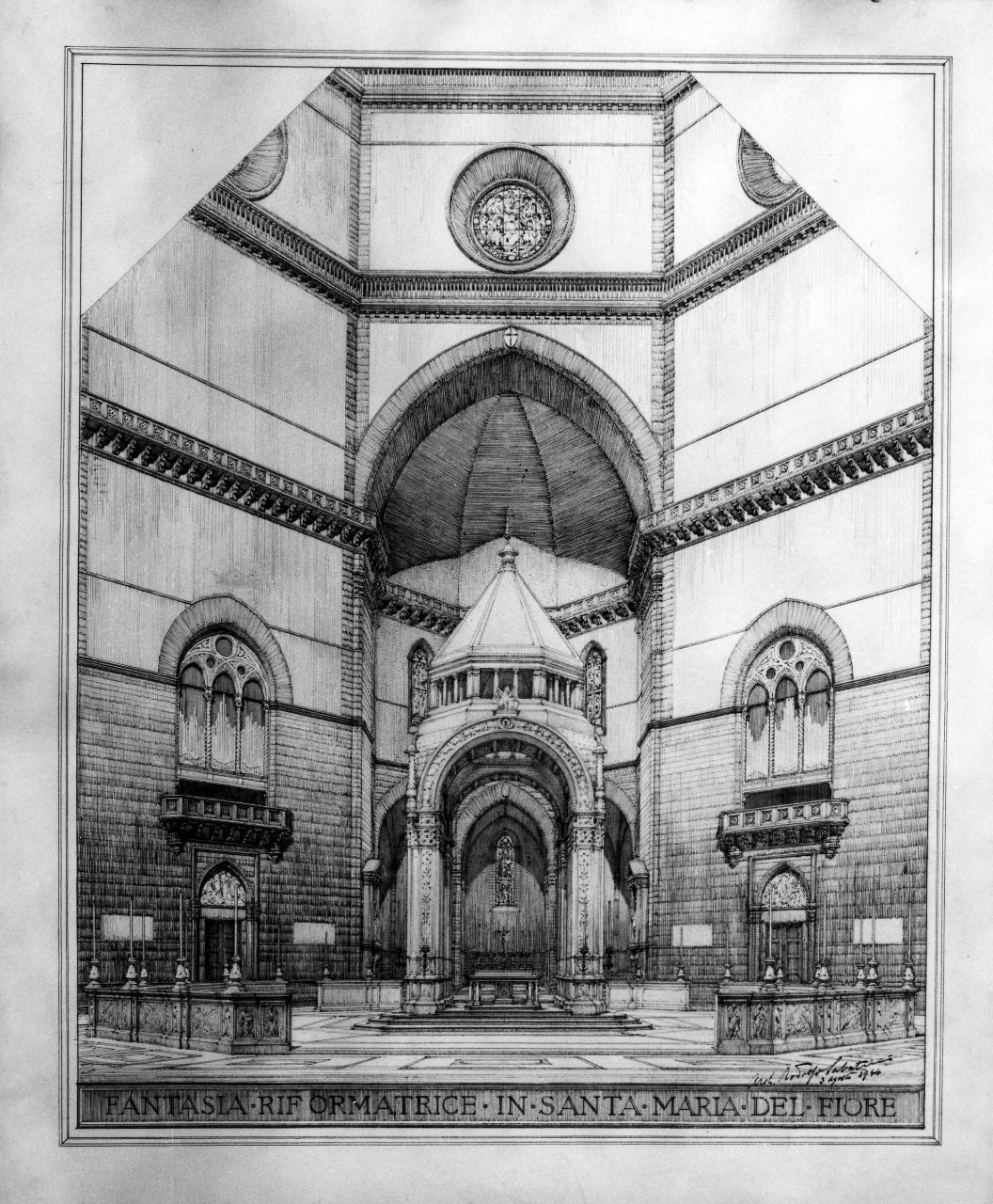 veduta dell'interno della Cattedrale di Santa Maria del Fiore (disegno) di Sabatini Rodolfo (sec. XX)