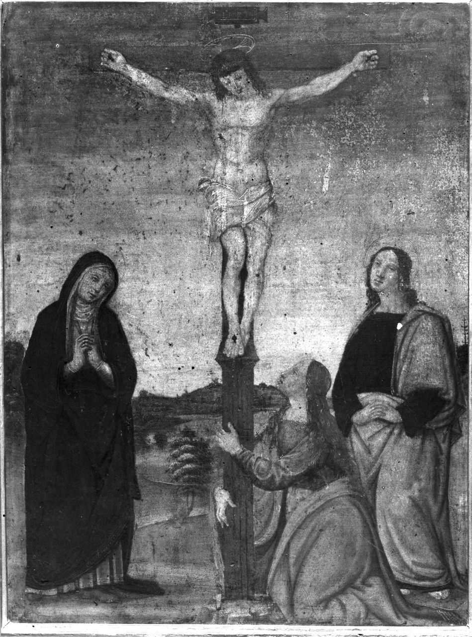 Cristo crocifisso con la Madonna, Santa Maria Maddalena e San Giovanni evangelista (dipinto) di Vannucci Pietro detto Perugino (bottega) (inizio sec. XVI)