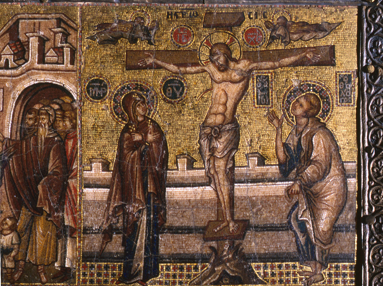 Cristo crocifisso, dolenti (decorazione musiva) - manifattura bizantina (inizio sec. XIV)
