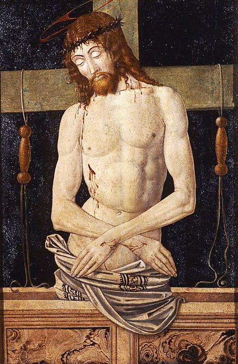 Cristo in pietà, Ecce Homo, Cristo dolente con croce e sarcofago (dipinto, opera isolata) - ambito faentino (fine XV)