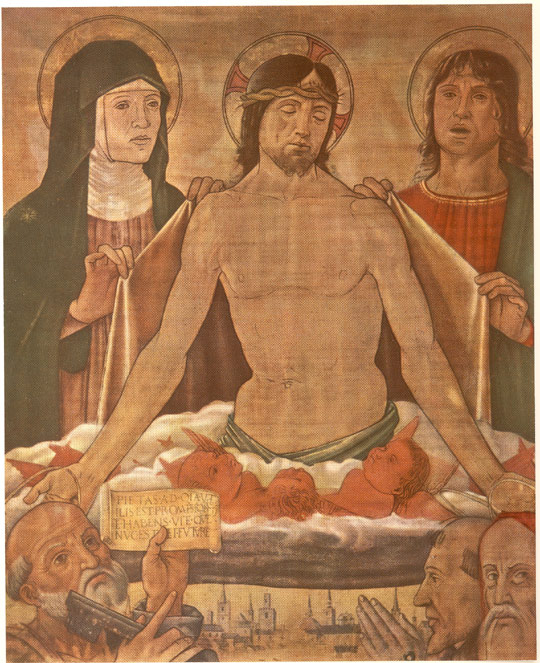 Madonna, Cristo in pietà e i Ss. Giovanni, Pietro, Francesco e Girolamo, Cristo dolente tra la Madonna e S. Giovanni Evangelista con veduta di Faenza tra i Ss. Pietro, Francesco e Girolamo (stendardo processionale, opera isolata) - ambito emiliano-romagnolo (XV-XVI)