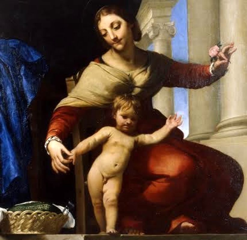 Madonna della Rosa, Madonna con il Bambino (dipinto, opera isolata) di Cagnacci Guido (XVII)