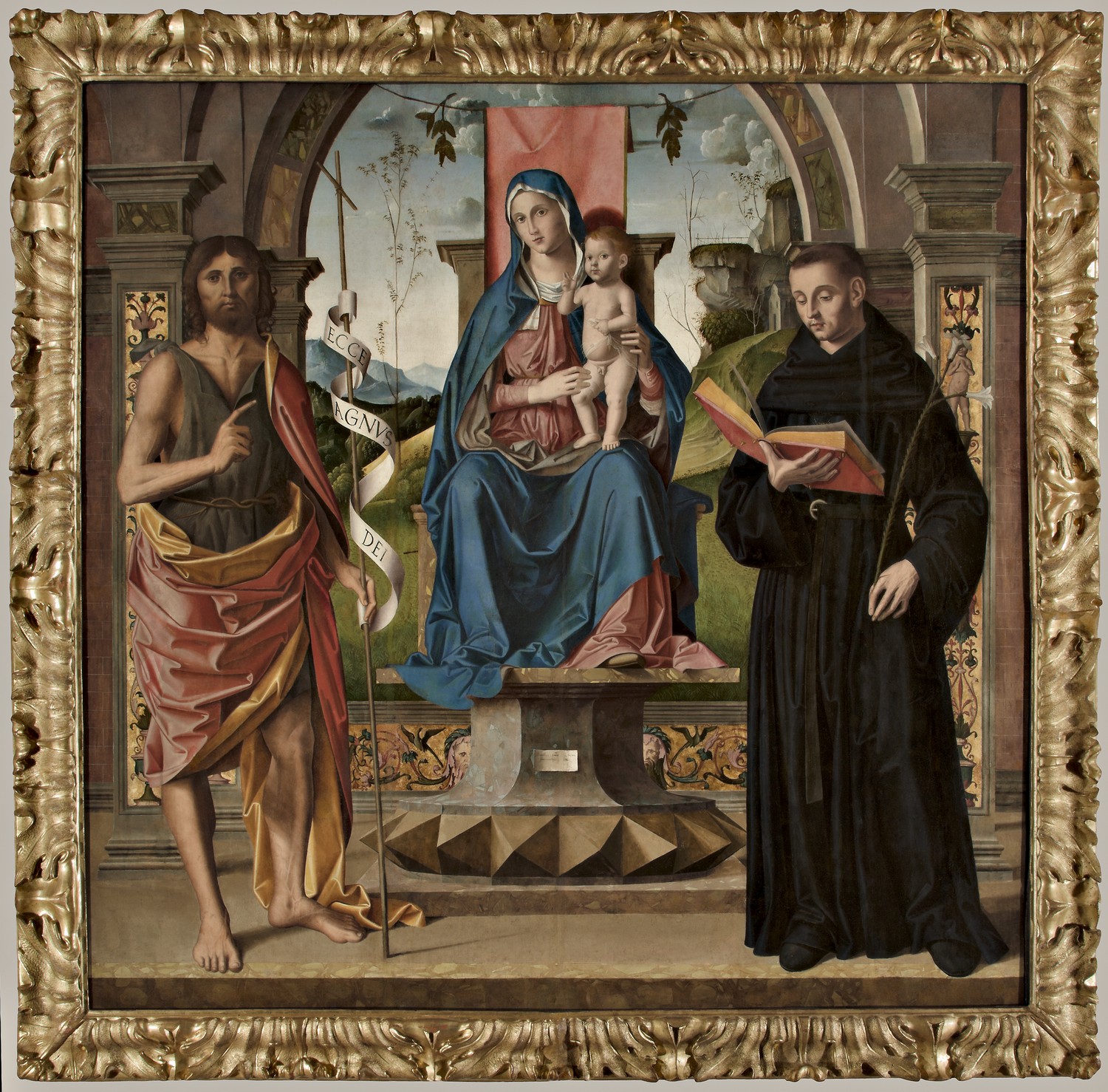 Madonna con Bambino benedicente in trono e i santi Giovanni Battista e Filippo Benizzi (dipinto) di Palmezzano Marco (prima metà XVI)