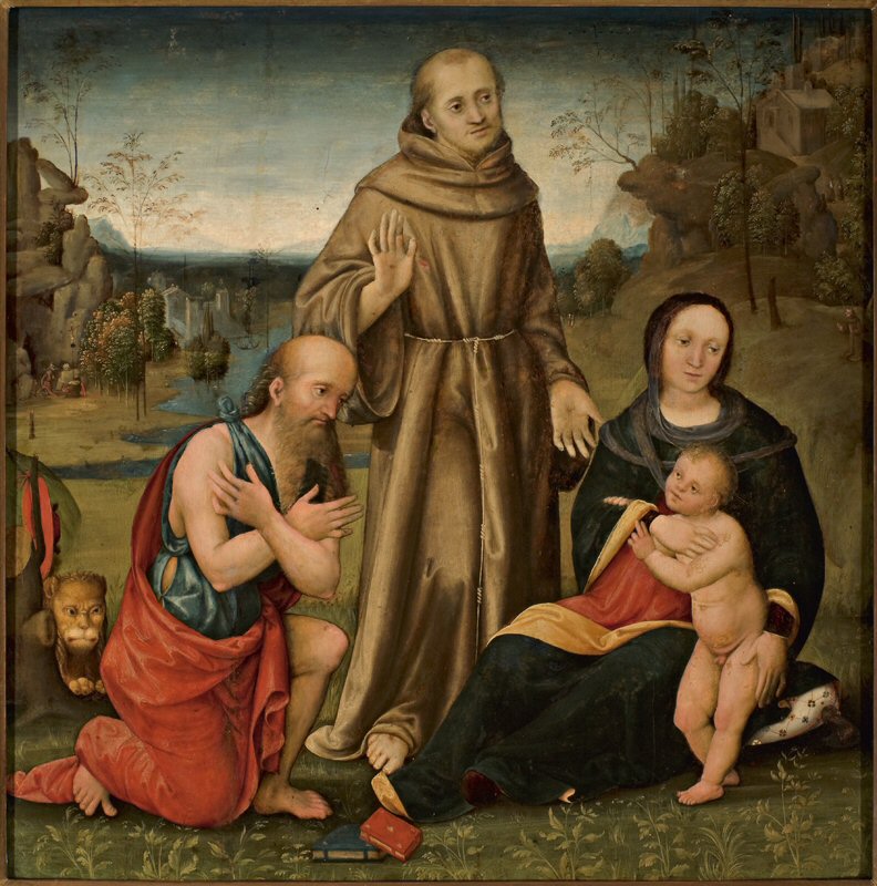 Madonna con Bambino e i santi Girolamo e Francesco d'Assisi (dipinto) di Ramenghi Bartolomeo detto Bagnacavallo (inizio XVI)