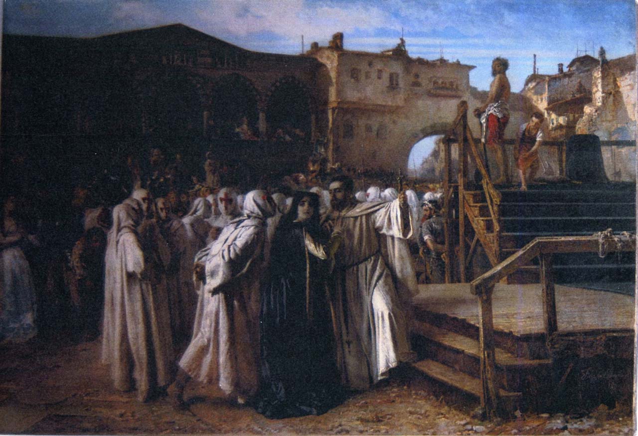 Margherita Pusterla s'incammina al patibolo (dipinto) di Carcano Filippo (terzo quarto sec. XIX)