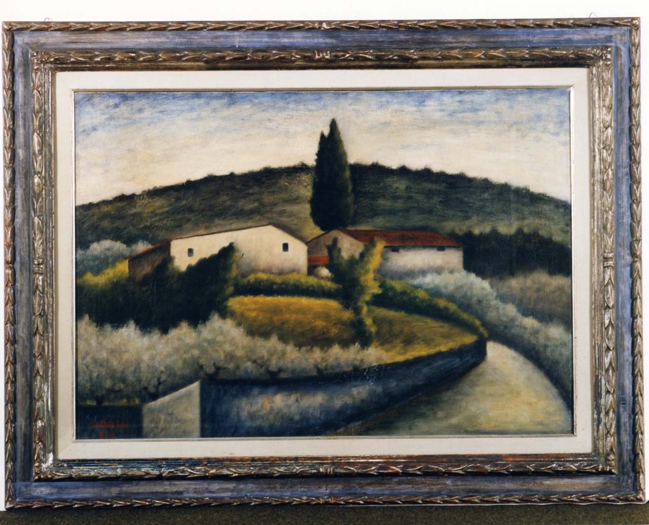 Paesaggio toscano con case (dipinto) di Rosai Ottone (secondo quarto sec. XX)