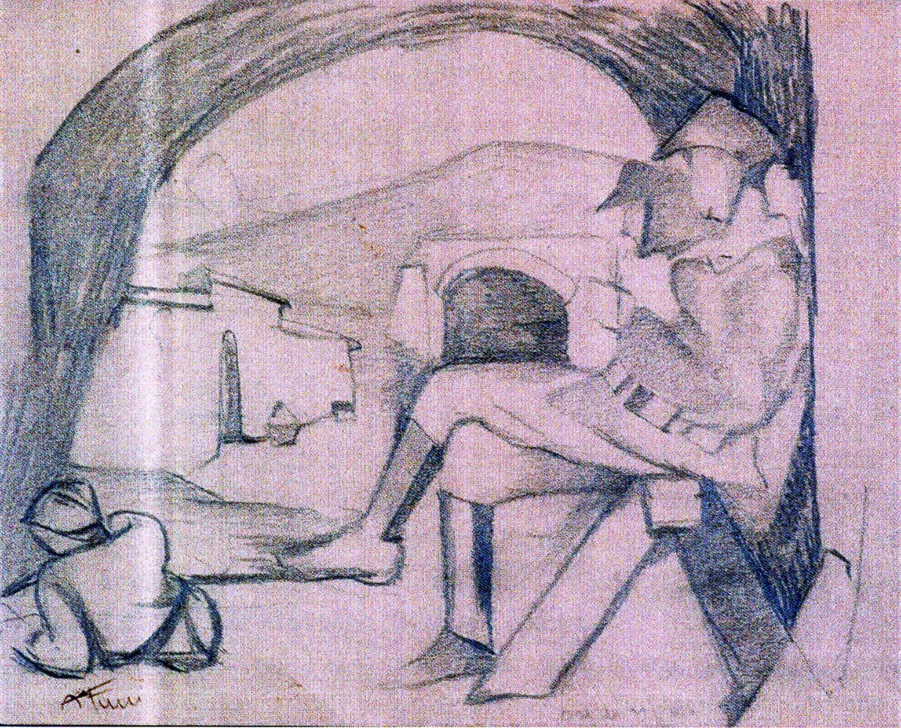 Ore di riposo, paesaggio con architetture e figure (disegno) di Funi Achille (primo quarto sec. XX)