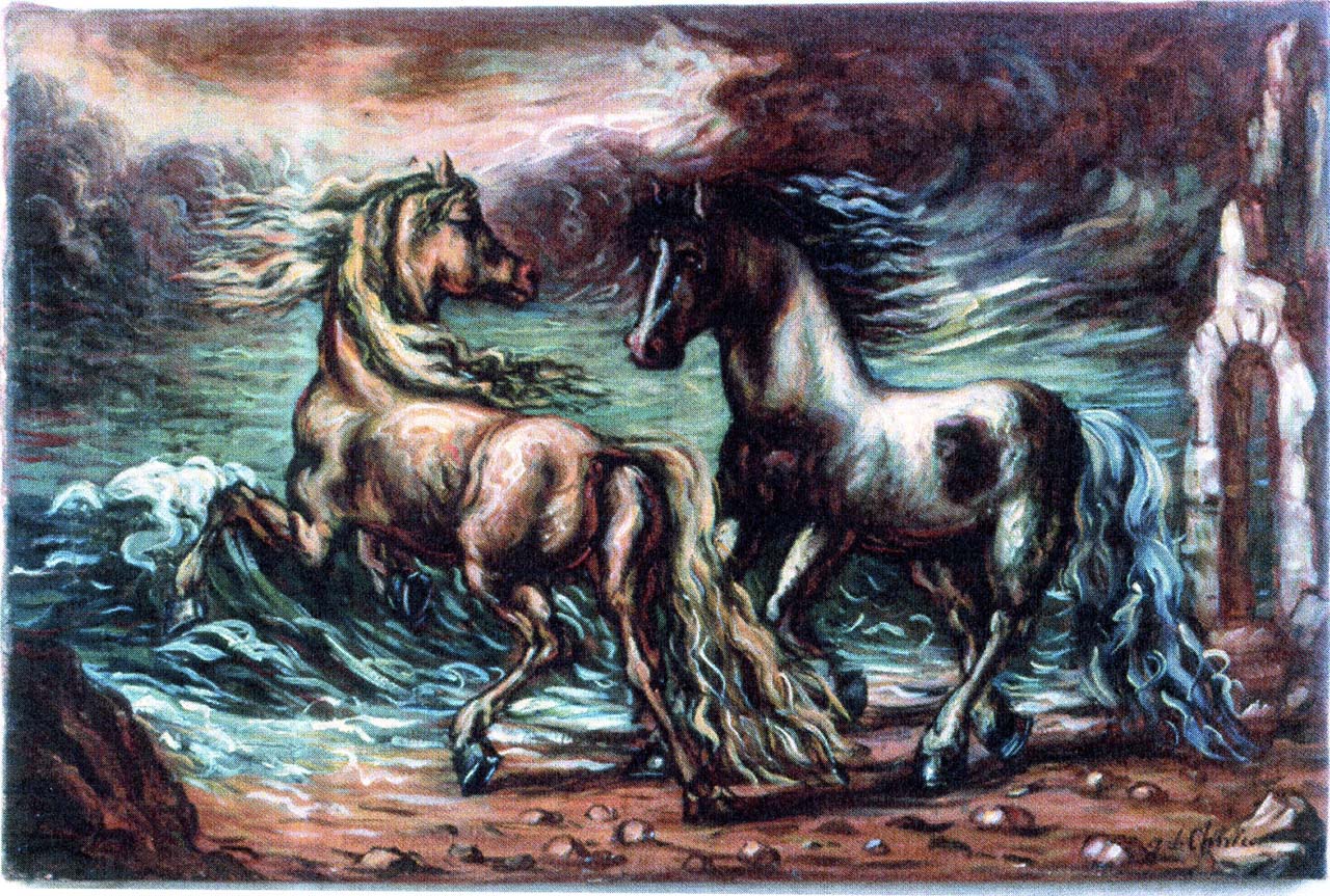 Cavalli in riva al mare (dipinto) di De Chirico Giorgio (metà sec. XX)