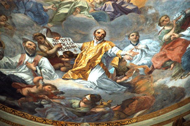 "Trionfo di Sant'Ignazio di Loyola e della Compagnia di Gesù sulla eresia e la gloria dei santi Dottori e Confessori e dei Martiri missionari gesuiti in atto di godere della visione beatifica di Dio", "Ecce quomodo computati sunt inter filios Dei", Il trionfo di sant'Ignazio di Loyola e della Compagnia di Gesù (dipinto, opera isolata) di Sozzi Olivio (scuola), Antonino Emanuele (attribuito) - ambito siciliano (terzo quarto XVIII)