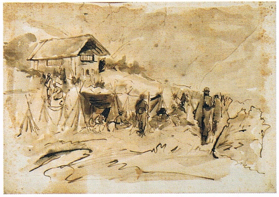un accampamento, l'accampamento in val di Ledro, soldati e tende in primo piano (disegno, opera isolata) di Liardo Filippo (terzo quarto sec. XIX)