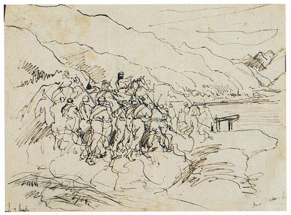 carica di garibaldini a Rocca d'Anfo - 3 luglio 1866, carica di fanteria e cavalleria garibaldine a Rocca d'Anfo (disegno, opera isolata) di Liardo Filippo (terzo quarto sec. XIX)