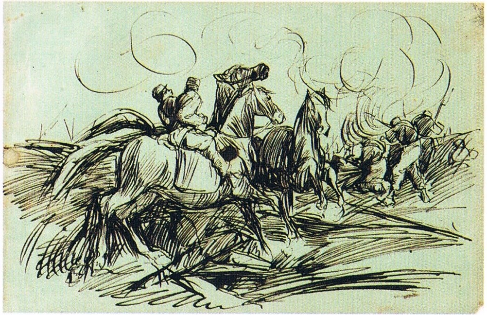 combattimento in prima linea, scena di battaglia con cavalleria e fanteria (disegno, opera isolata) di Liardo Filippo (terzo quarto sec. XIX)