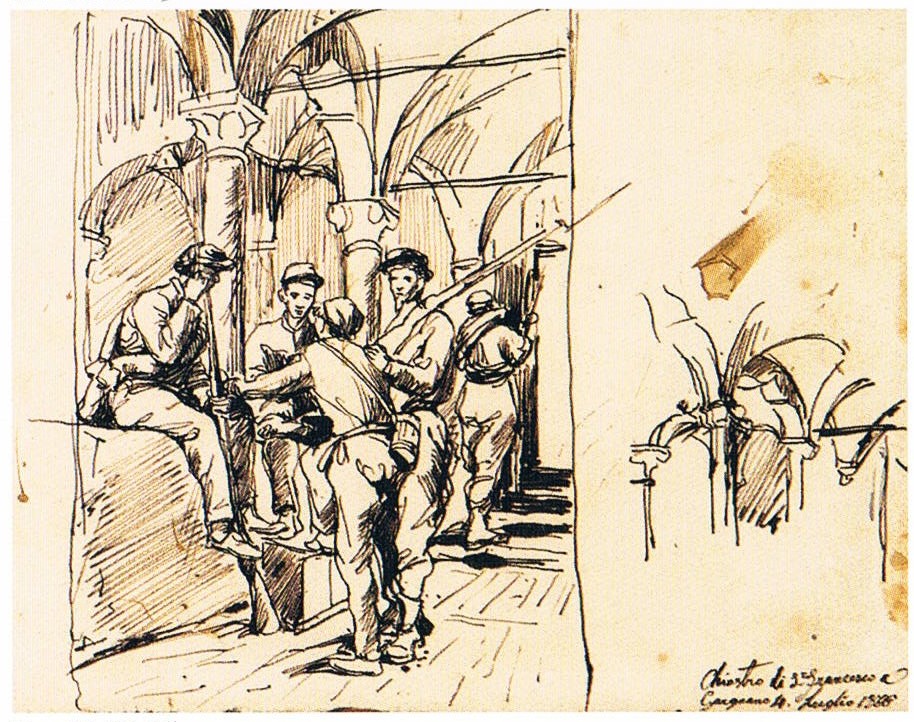 garibaldini nel chiostro di S. Francesco, garibaldini nel chiostro di S. Francesco a Gargnano (disegno, opera isolata) di Liardo Filippo (terzo quarto sec. XIX)