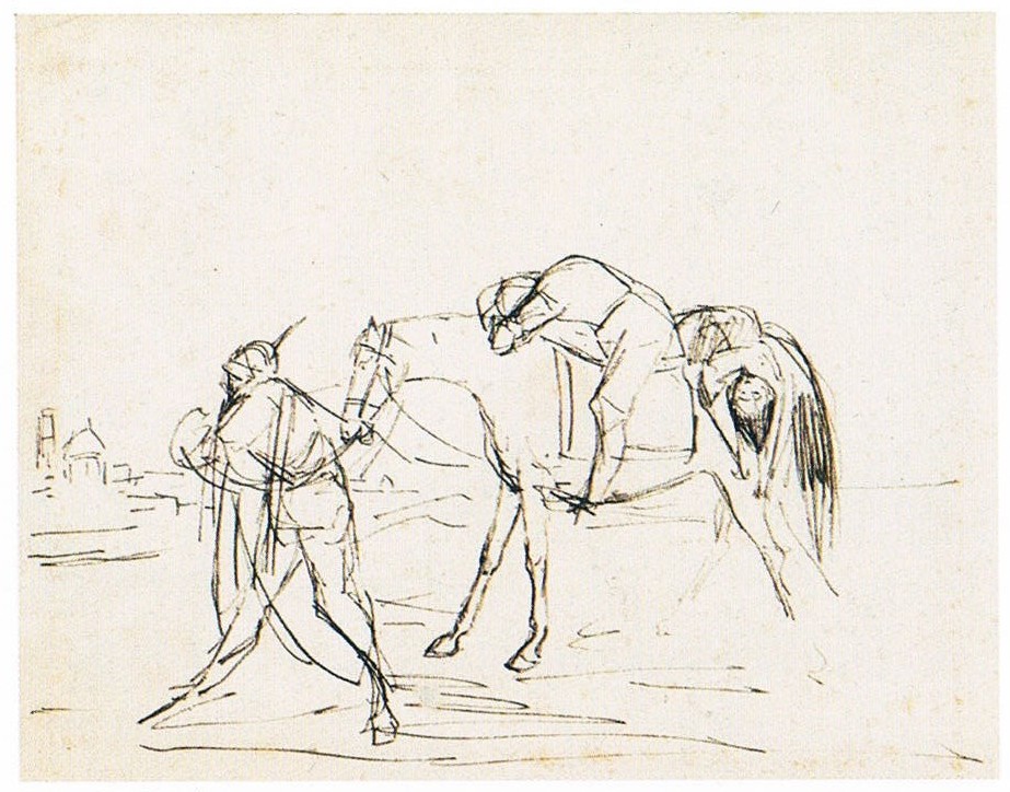 cavallo che trasporta feriti, cavallo che trasporta feriti (disegno, opera isolata) di Liardo Filippo (terzo quarto sec. XIX)