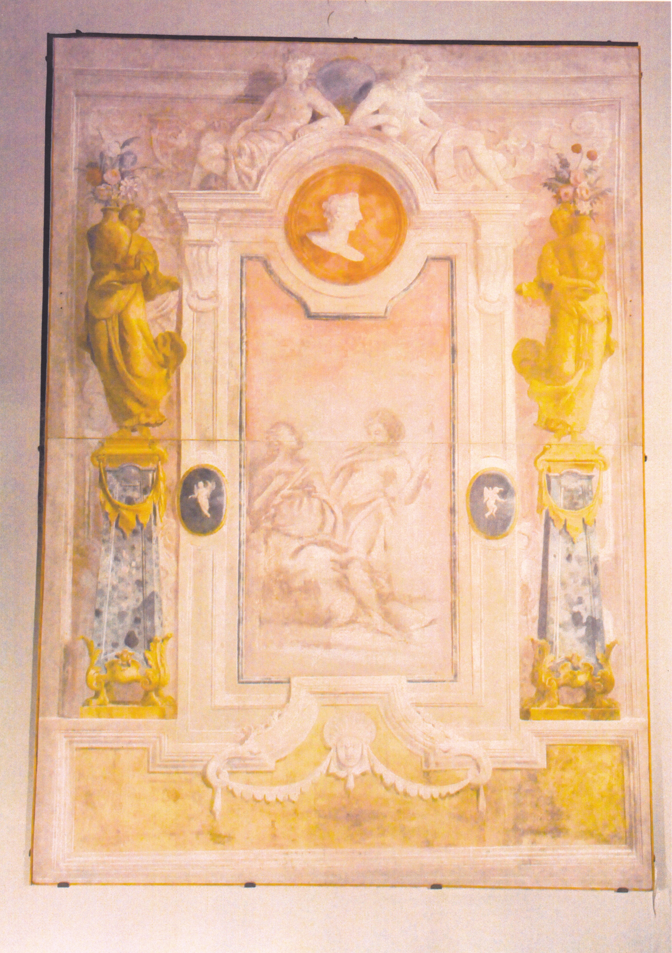 Motivi decorativi geometrici e vegetali, Motivi decorativi geometrici e vegetali con uccelli, Architettura illusionistica con Apollo citaredo, Architettura illusionistica con Venere e Amore, fregi decorativi, scene mitologiche (affresco) di Urbani Andrea (XVIII)