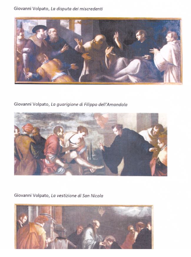 Il miracoloso annuncio della nascita, La Nascita di San Nicola, La disputa dei miscredenti, La guarigione di Filippo dell'Amandola, La Vestizione di San Nicola, Storie di San Nicola (dipinto) di Volpato Giovanni Battista (fine XVII)
