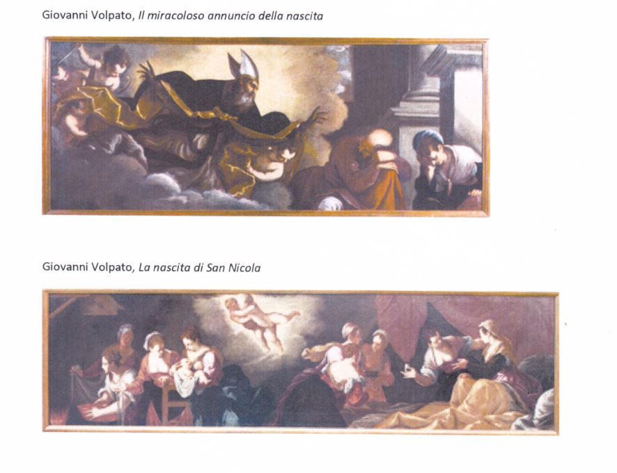 Il miracoloso annuncio della nascita, La Nascita di San Nicola, La disputa dei miscredenti, La guarigione di Filippo dell'Amandola, La Vestizione di San Nicola, Storie di San Nicola (dipinto) di Volpato Giovanni Battista (fine XVII)