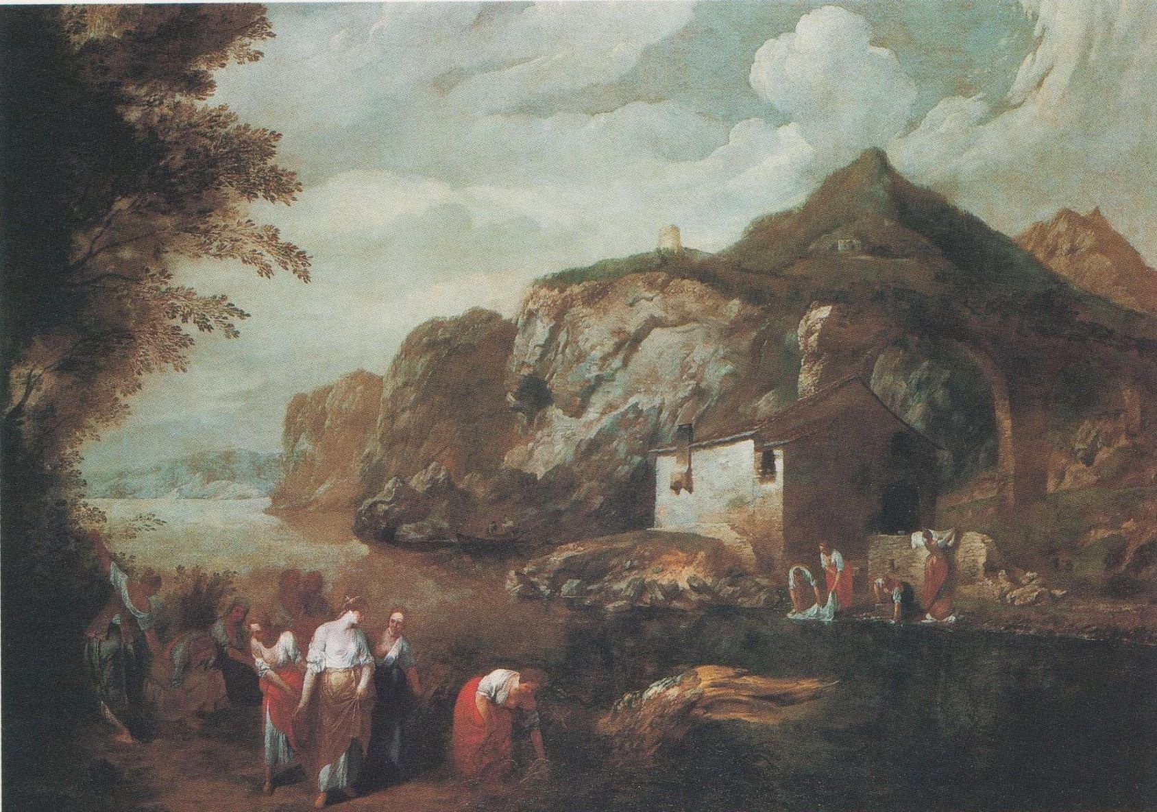 Il ritrovamento di Mosé, paesaggio montano; storia di Mosè (dipinto, opera isolata) di Travi Antonio (metà XVII)