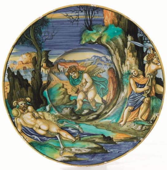 In Sathir Giove per amor converso, Giove (piatto, opera isolata) di Avelli Francesco Xanto detto Rovigo da Urbino (secondo quarto XVI)