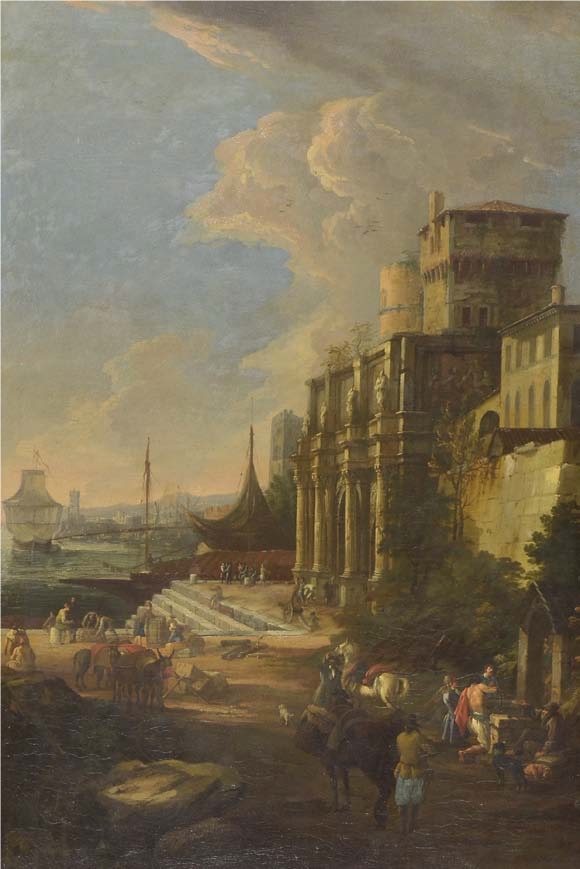 Porto di mare con arco trionfale, Porto di mare con arco trionfale (dipinto, pendant) di Carlevarijs Luca (attribuito) - ambito veneziano (primo quarto XVIII)