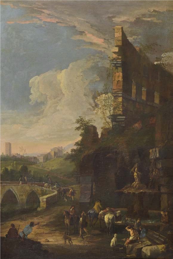 Rovine con ponte e fontana, Rovine con ponte e fontana (dipinto, pendant) di Carlevarijs Luca (attribuito) - ambito veneziano (primo quarto XVIII)