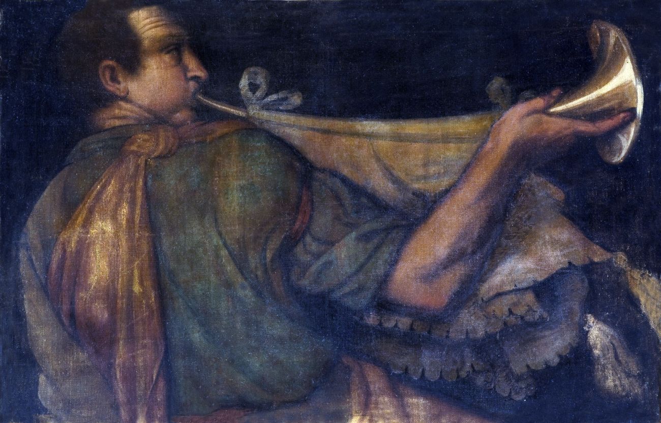 Trombettiere, uomo che suona la tromba (dipinto, opera isolata) di Bonvicino Alessadro detto Moretto (attribuito) (prima metà Sec. XVI)