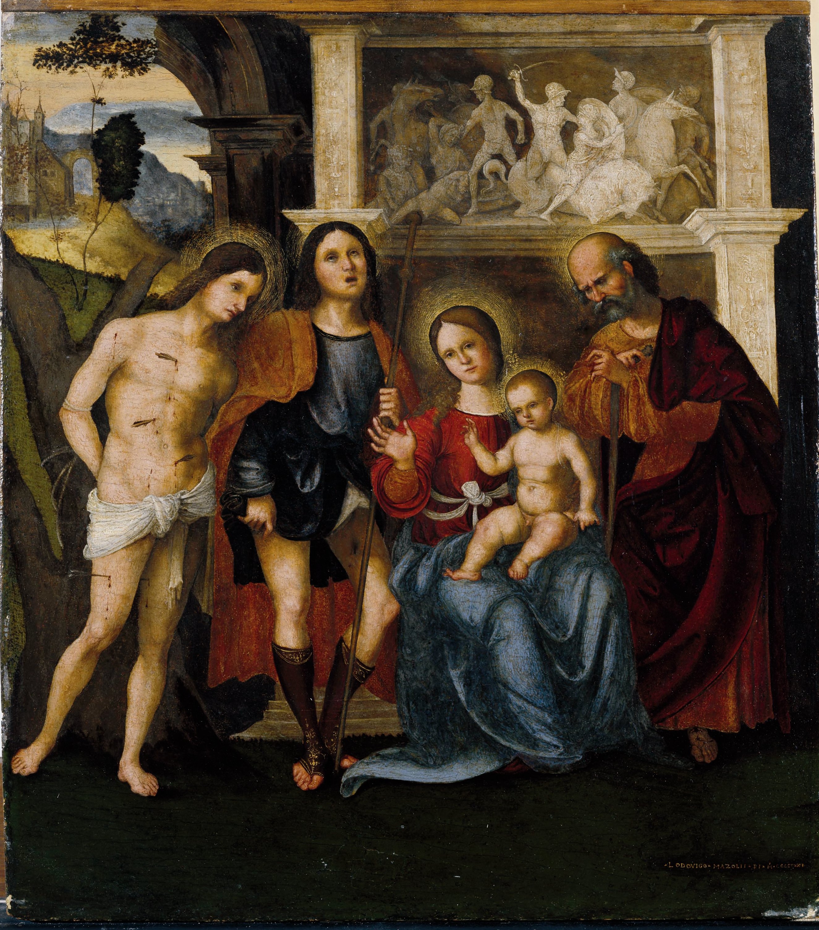 Sacra Famiglia coi Santi Sebastiano e Rocco (dipinto, opera isolata) di Mazzolino Ludovico (attribuito) (prima metà Sec. XVI)