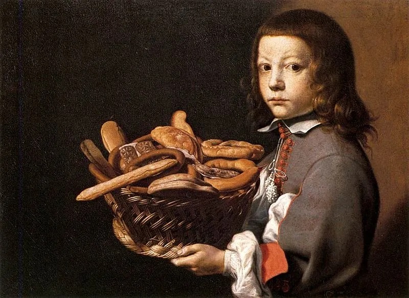 Ragazzo con cesto di pane e biscotti (dipinto, opera isolata) di Baschenis Evaristo detto Prete Evaristo (attribuito) (metà Sec. XVII)