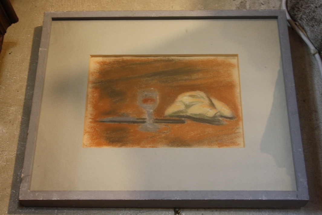 Natura morta con pane coltello e calice, natura morta (disegno) di Marini Oreste (XX)