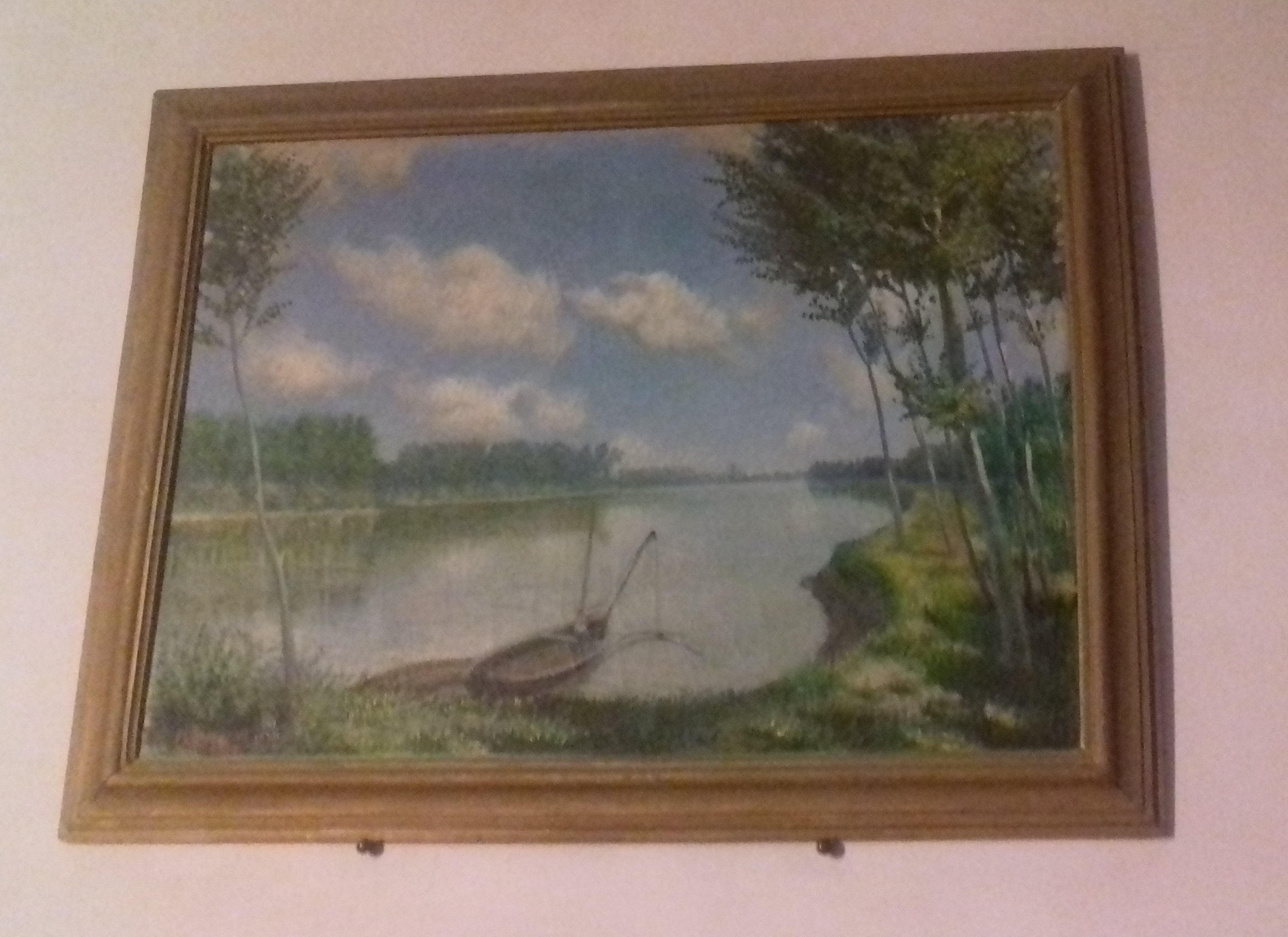 Paesaggio con pescatore sulla barca lungo le golene del Po, paesaggio (dipinto) di Zapparoli Noradino (XX)