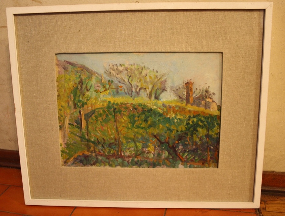 Eremo della Ghisiola dietro gli alberi, paesaggio (dipinto) di Marini Oreste (XX)