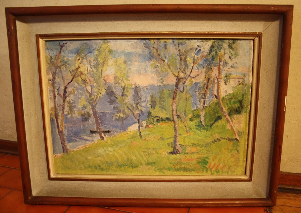 Lago di Garda. Gli ulivi sul lago, paesaggio (dipinto) di Marini Oreste (XX)