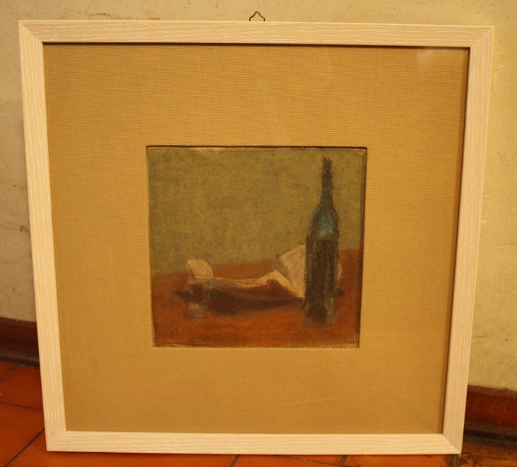 Bottiglia e cartoccio, natura morta (dipinto) di Marini Oreste (XX)