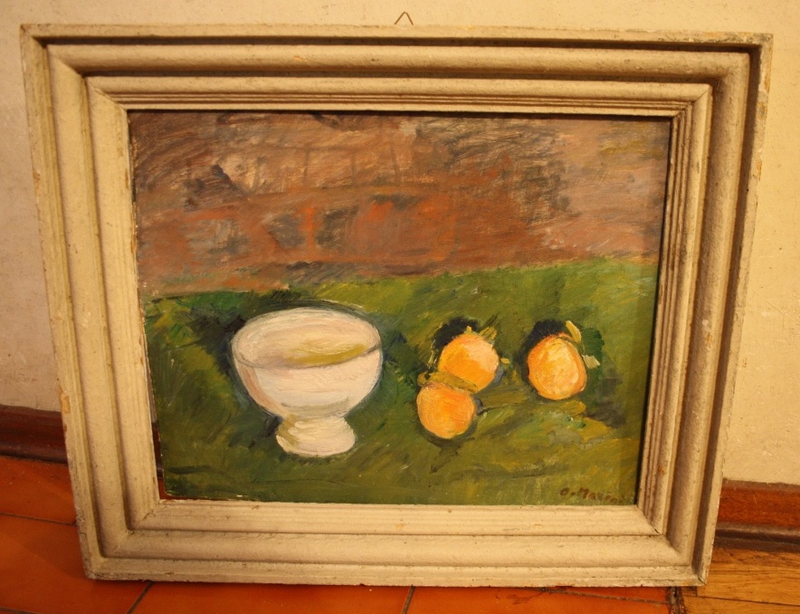 Scodella e cachi, natura morta (dipinto) di Marini Oreste (XX)